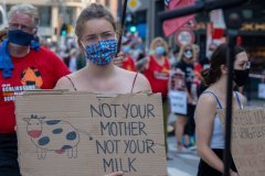 Demonstrantin mit Schild: Not your mother not your milk